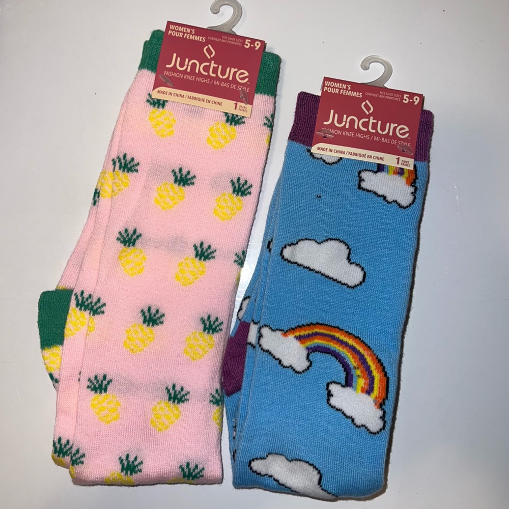 🧦 🛍️ 5/$20 - Women’s Fun Socks Set - Pineapples and Rainbows Design - Knee Highs